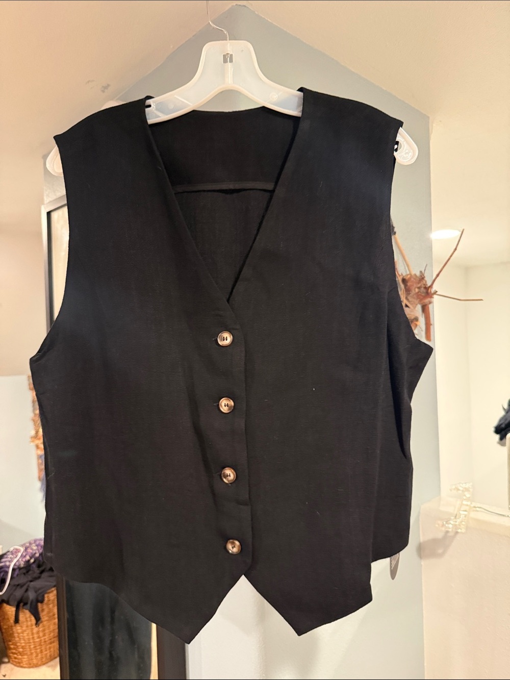 Classic Linen Black Button-Front Women's Vest NWT